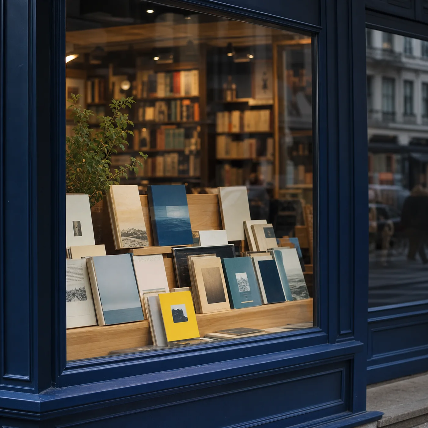 La vitrine bleue de la librairie et son oiseau peint, rue du Moutier