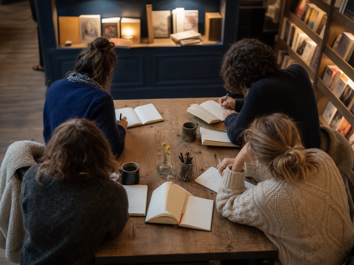 Atelier autour de la grande table de la librairie