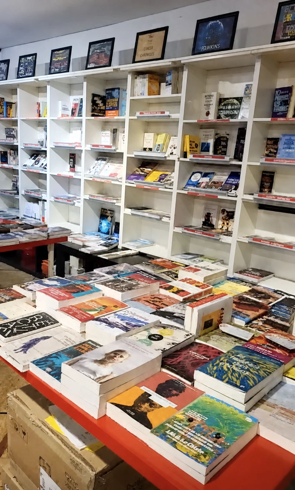 Des tables couvertes de sélections de livres devant de grands rayonnages blancs