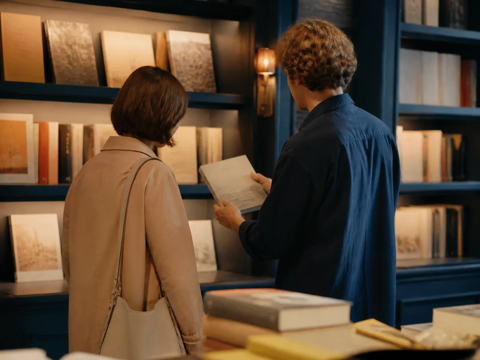 Un libraire conseillant une lectrice au milieu des rayons