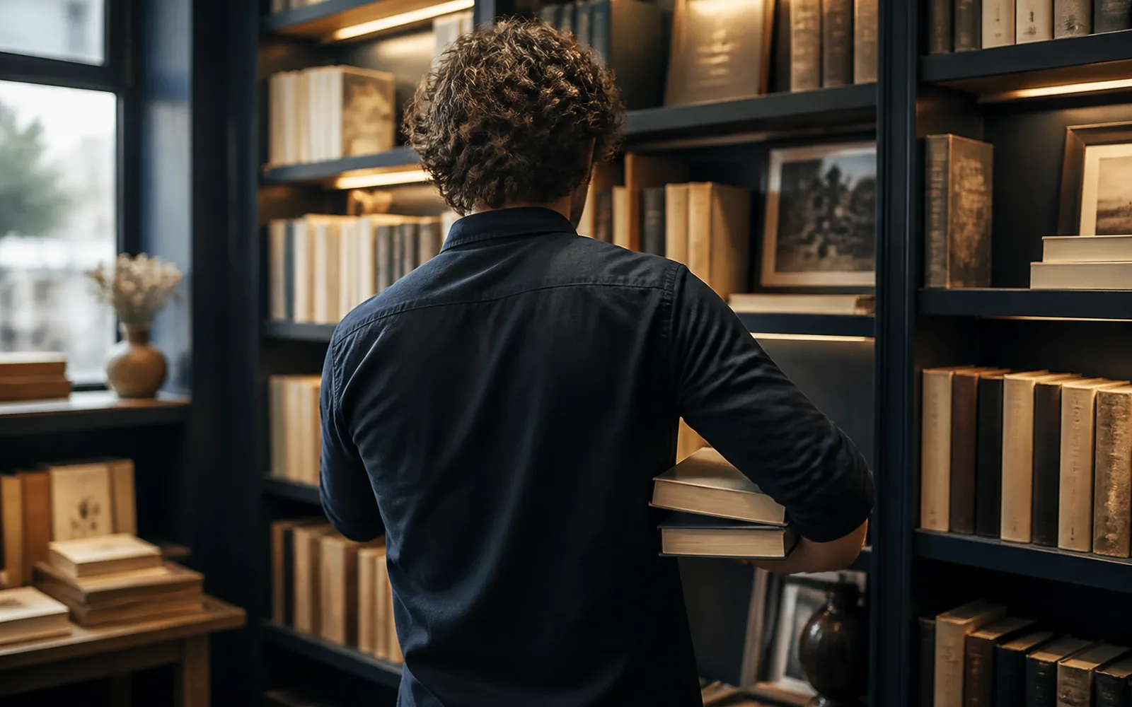 Un libraire feuilletant un livre entre deux rayonnages
