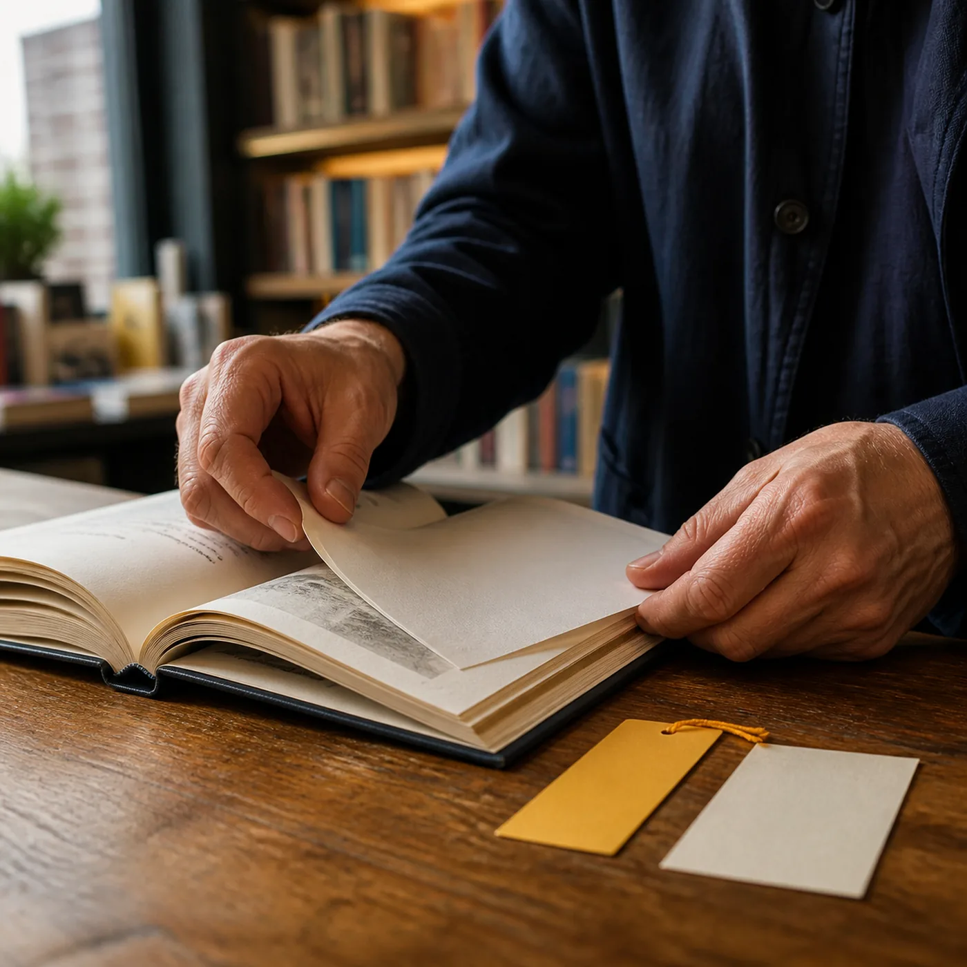 Deux mains ouvrant un livre au milieu d'un rayon
