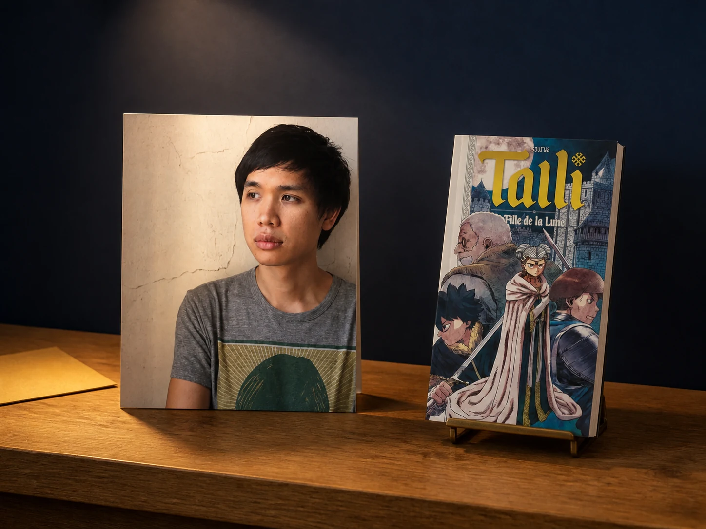 Portrait de Sourya et son manga Talli, fille de la Lune, présentés sur une table de librairie