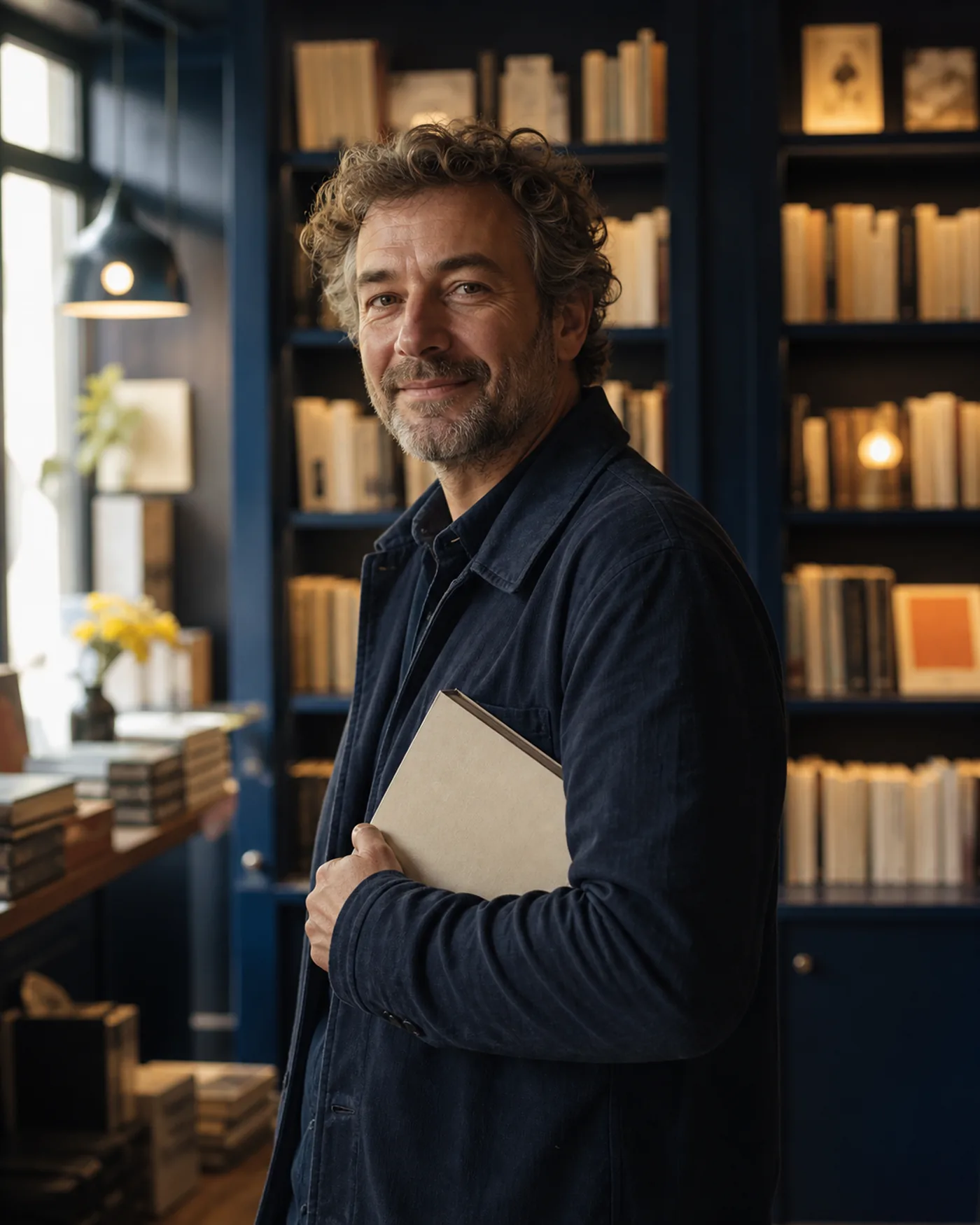 Portrait d'Antoine, libraire, dans les rayons de la librairie