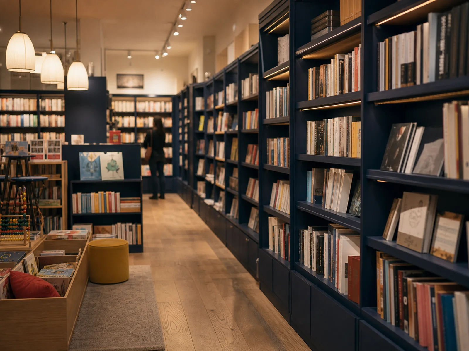 L'allée centrale de la librairie, depuis l'entrée