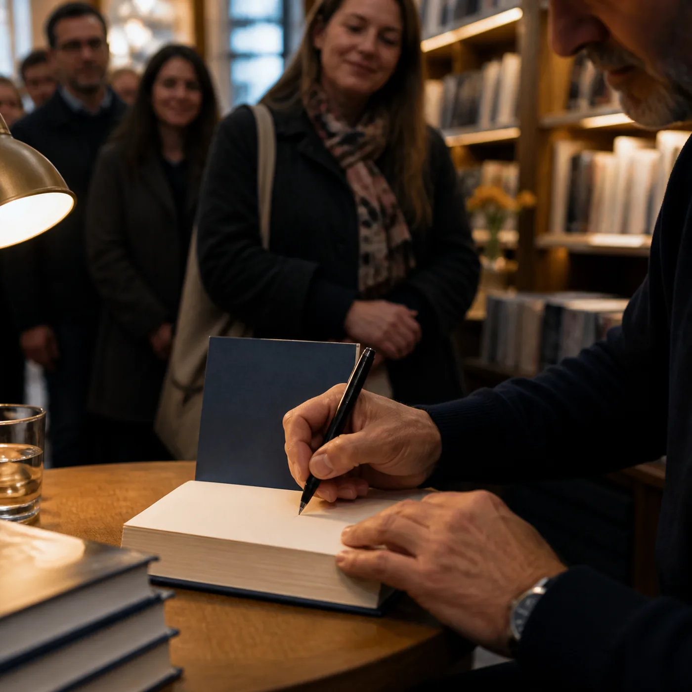 Auteur signant un livre lors d'une séance de dédicace à la librairie